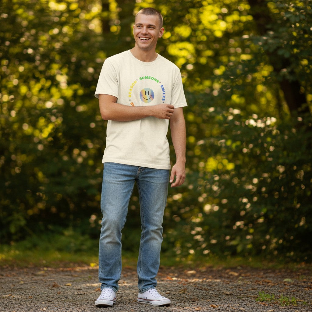 Jena Jewelry cream cotton t-shirt with a rainbow smiley face graphic and "Be The Reason Someone Smiles Today" text.