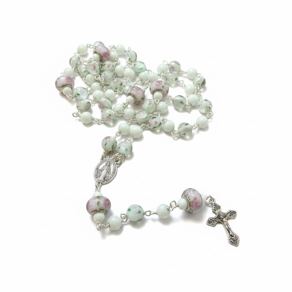 Jena Jewelry Snow Jade and Antique Floral Lampwork Rosary with silver crucifix and medallion, white and pink floral beads.