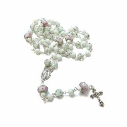 Jena Jewelry Snow Jade and Antique Floral Lampwork Rosary with silver crucifix and medallion, white and pink floral beads.