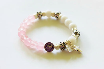 Jena Jewelry snow jade and rose quartz rosary bracelet with silver plate spacers and cross charm.