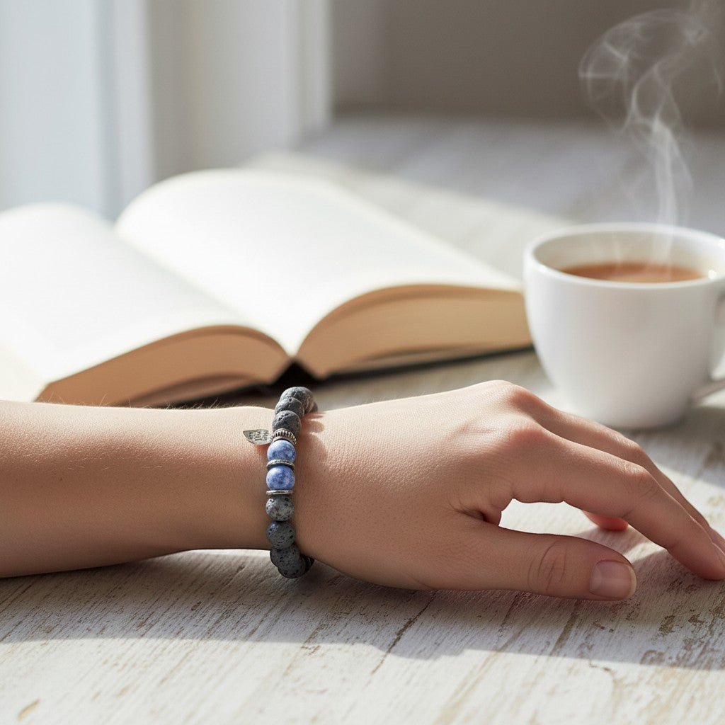 Jena Jewelry sodalite, hematite, and lava stone stretch bracelet with silver charm on a wrist.