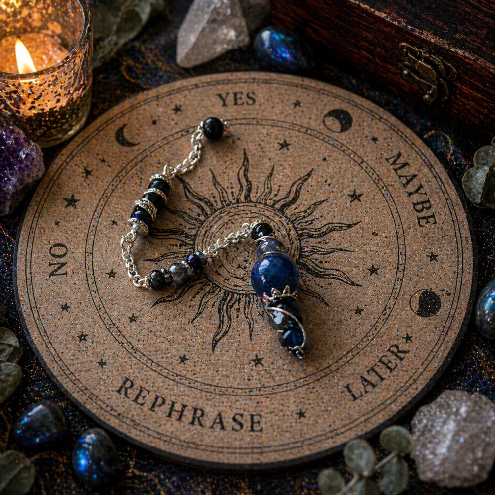 Jena Jewelry handcrafted pendulum with blue jade, jasper, hematite, obsidian, and chainmaille chain on a divination board.