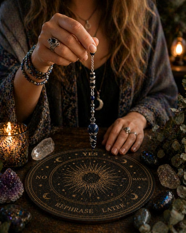 Jena Jewelry handcrafted pendulum with blue jade, hematite, obsidian, and zebra jasper beads on a handmade chainmaille chain.