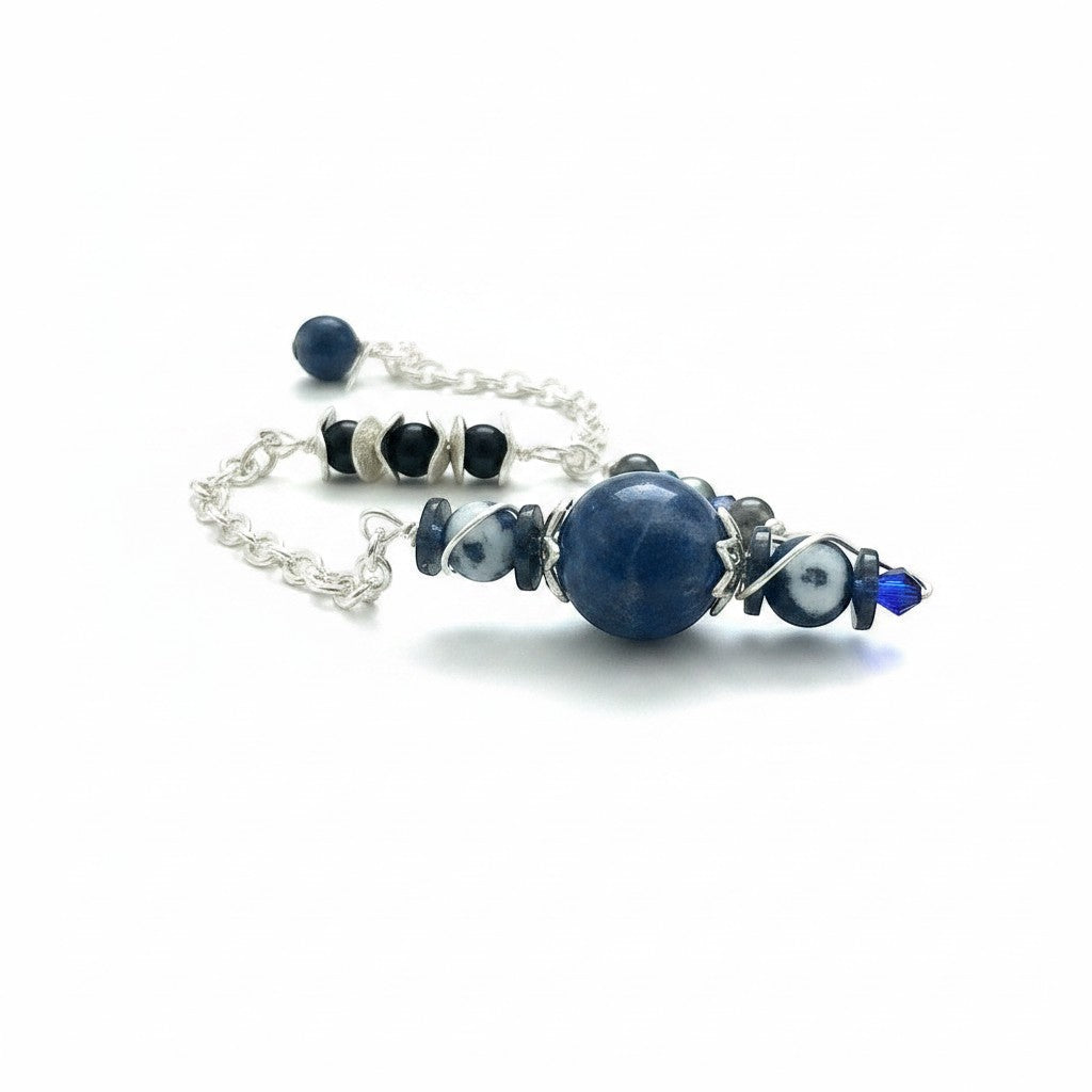 Jena Jewelry handcrafted pendulum with blue sky jade, zebra jasper, hematite, obsidian, and chainmaille chain.