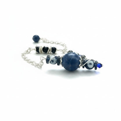 Jena Jewelry handcrafted pendulum with blue sky jade, zebra jasper, hematite, obsidian, and chainmaille chain.