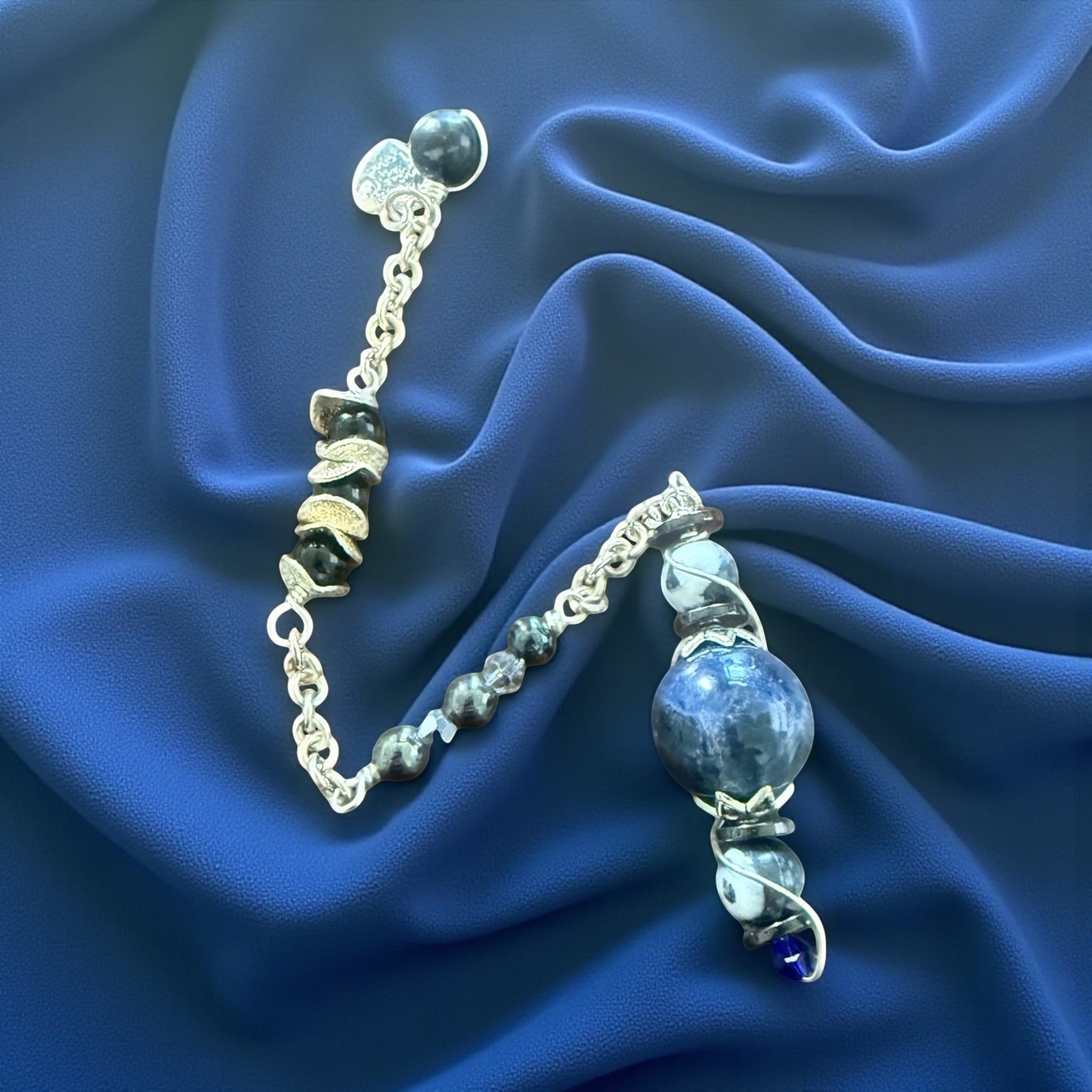 Jena Jewelry handcrafted pendulum with Blue Sky Jade, Zebra Jasper, Hematite, Obsidian, and chainmaille.