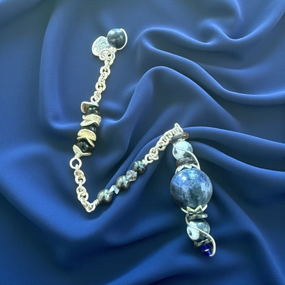 Jena Jewelry handcrafted pendulum with Blue Sky Jade, Zebra Jasper, Hematite, Obsidian, and chainmaille.