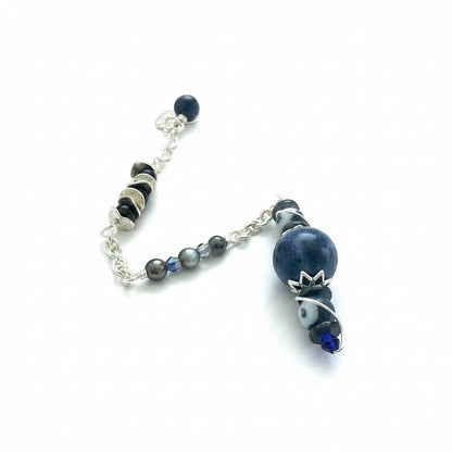 Jena Jewelry handcrafted pendulum with blue sky jade, zebra jasper, hematite, obsidian, and chainmaille.