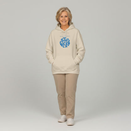 Jena Jewelry cream cotton-poly blend hoodie with blue "STAY WEIRD" graphic and kangaroo pocket.