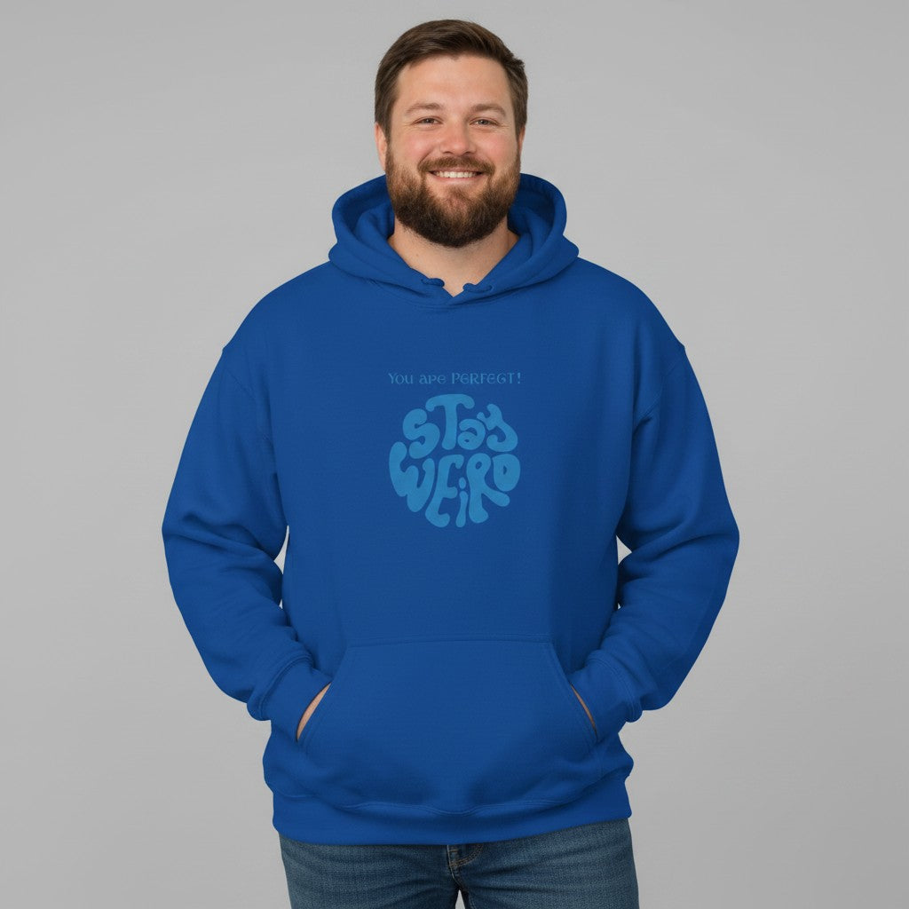 Jena Jewelry blue cotton-poly blend hoodie with a retro psychedelic graphic that says STAY WEIRD.