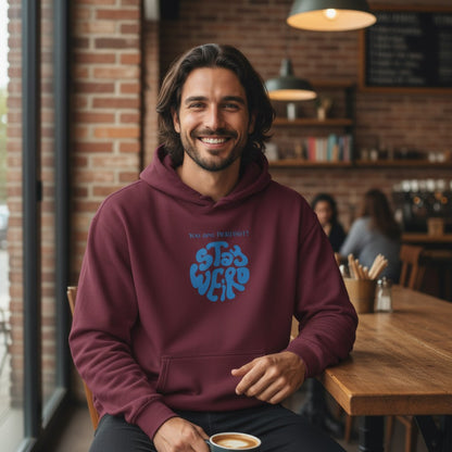 Jena Jewelry maroon cotton-poly blend hoodie with blue "STAY WEIRD" graphic and kangaroo pocket.