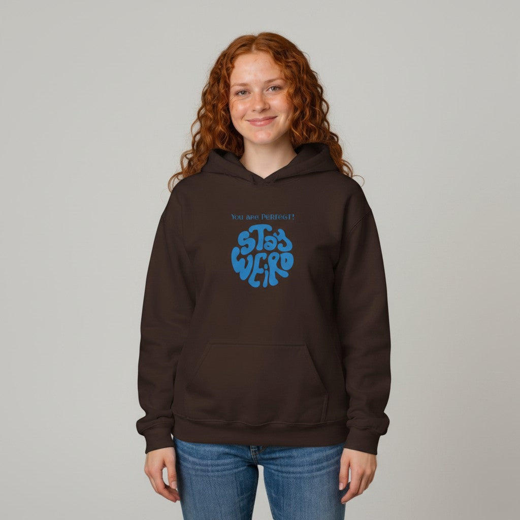Jena Jewelry brown cotton-poly blend hoodie with blue "STAY WEIRD" graphic and kangaroo pocket.