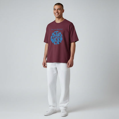 Jena Jewelry maroon cotton t-shirt with blue "Stay Weird" graphic and "You are PERFECT!" text.