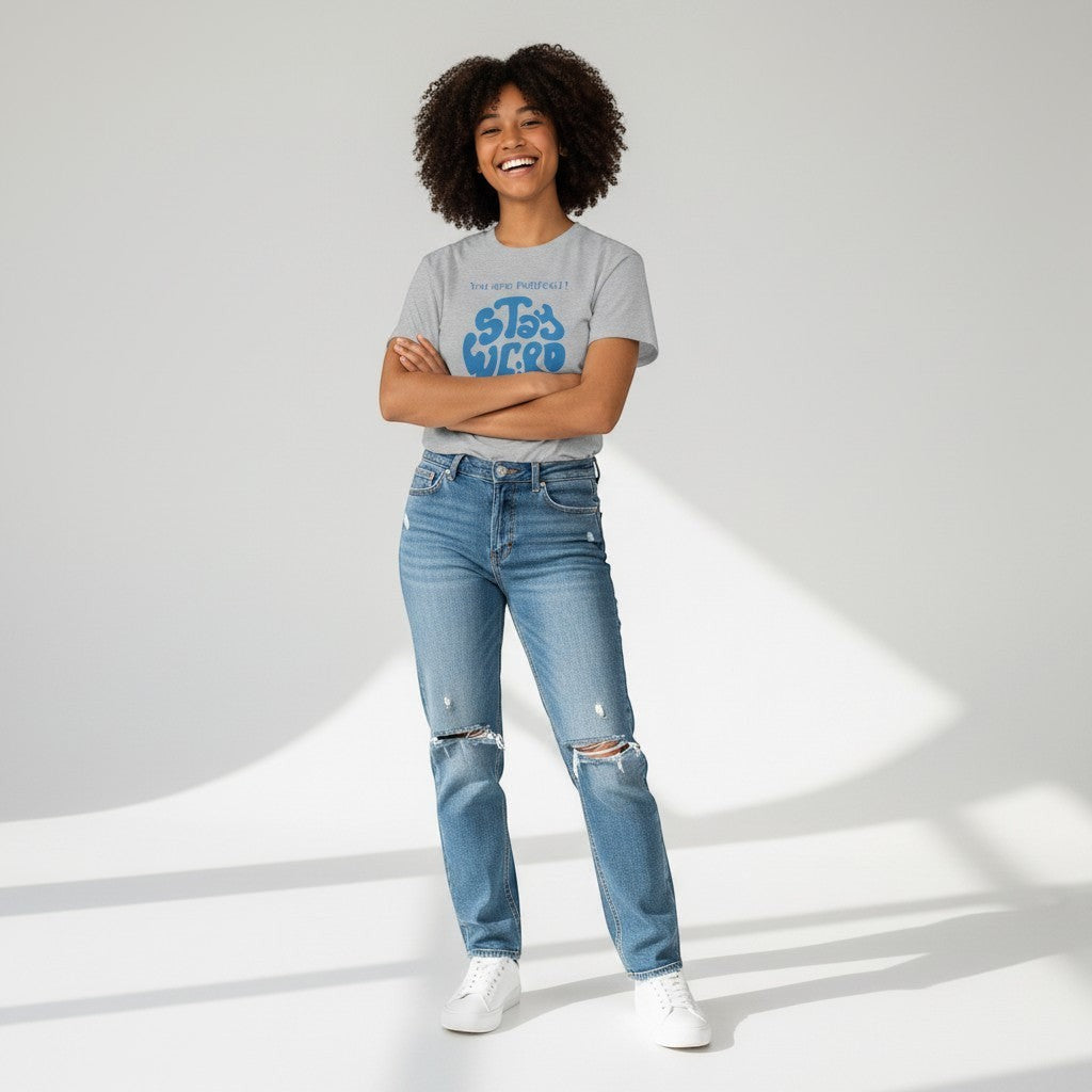 Jena Jewelry grey cotton t-shirt with blue "Stay Weird" graphic and "You are PERFECT!" text.