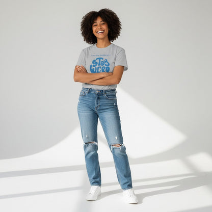 Jena Jewelry grey cotton t-shirt with blue "Stay Weird" graphic and "You are PERFECT!" text.