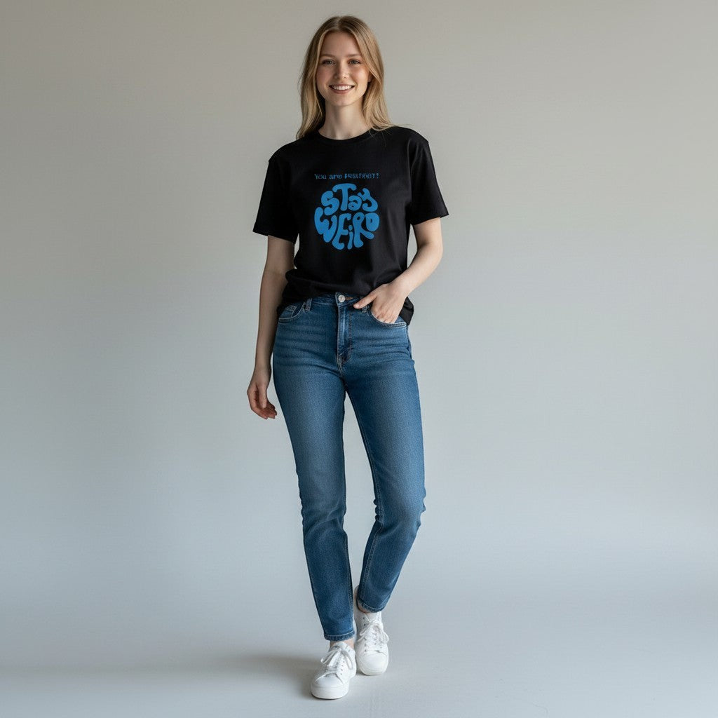 Jena Jewelry black cotton t-shirt with blue "Stay Weird" graphic and "You are PERFECT!" text.
