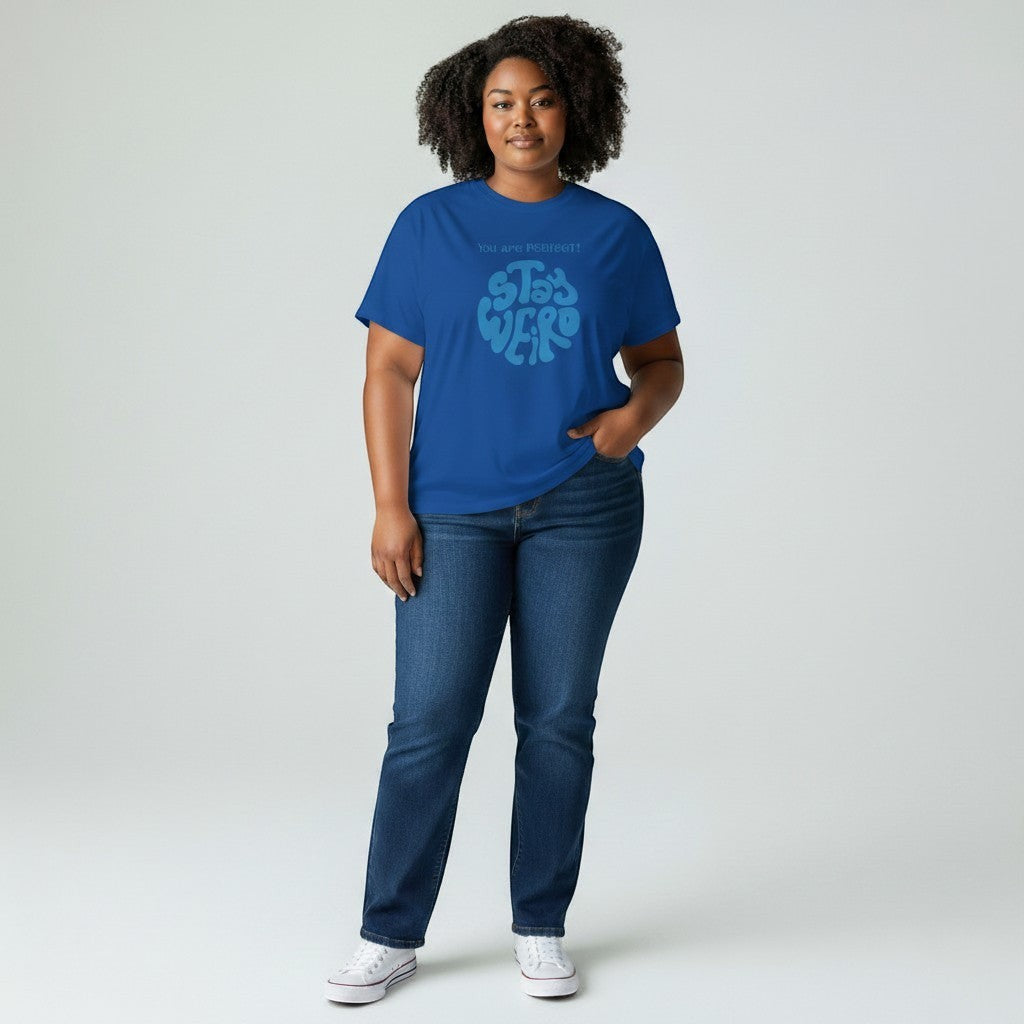 Jena Jewelry blue cotton t-shirt with a retro psychedelic graphic that says "Stay Weird" and "You are PERFECT!"