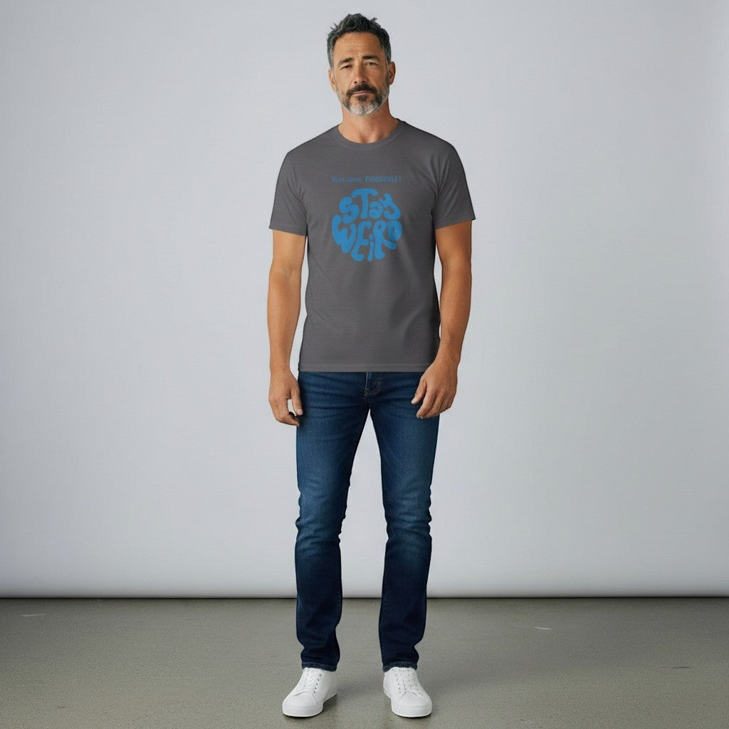 Jena Jewelry dark grey cotton t-shirt with blue "Stay Weird" graphic and "You are perfect!" text.