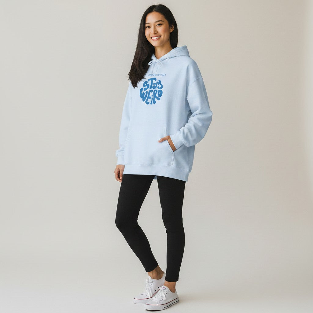 Jena Jewelry white cotton-poly blend hoodie with blue "STAY WEIRD" graphic and kangaroo pocket.