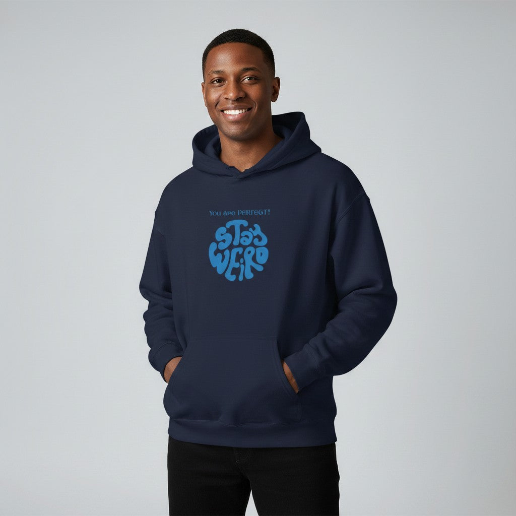 Jena Jewelry navy blue cotton-poly blend hoodie with a retro blue psychedelic graphic that says STAY WEIRD.