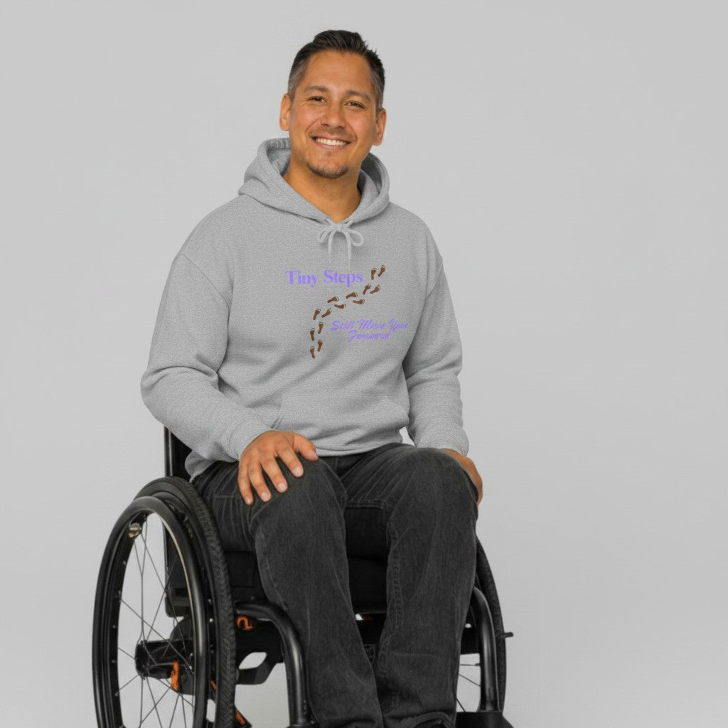 Jena Jewelry light grey hooded sweatshirt with "Tiny Steps" and footprints graphic on chest. 50/50 cotton-poly blend.