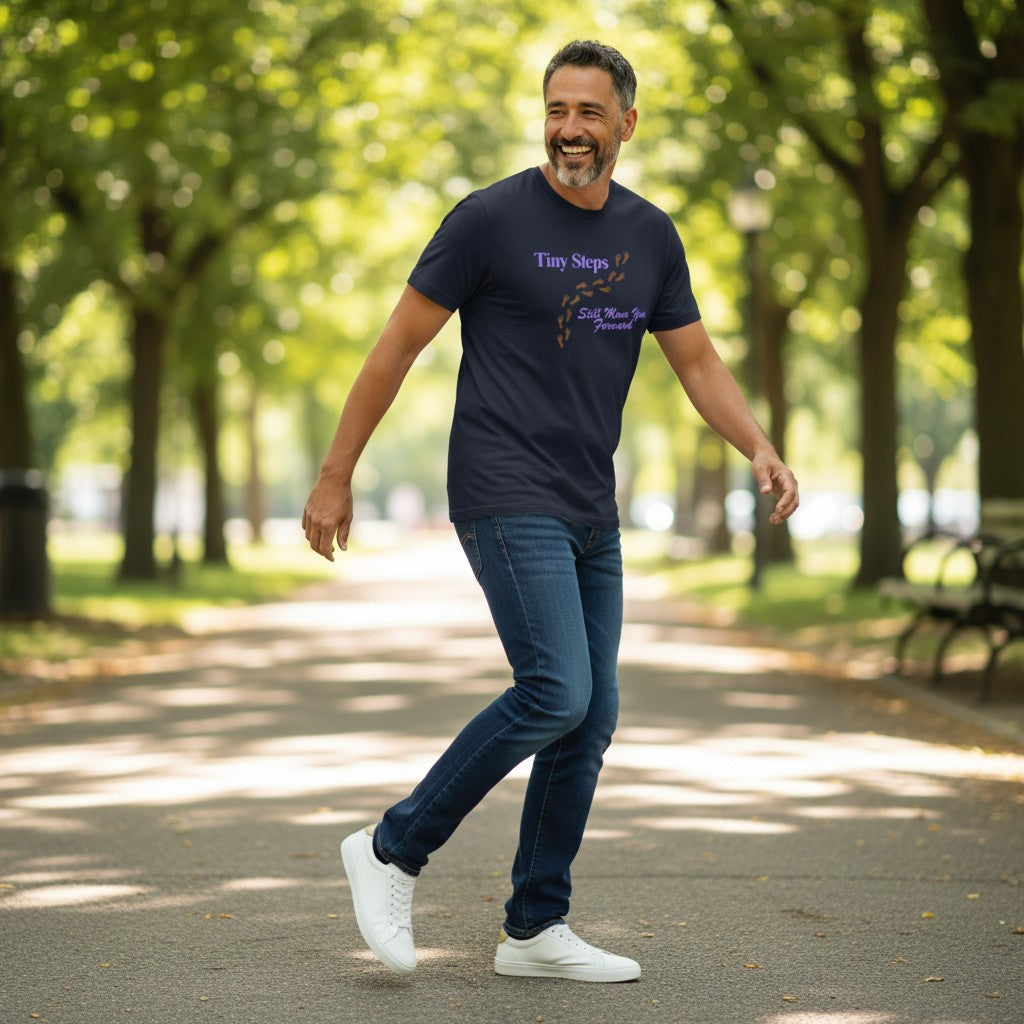 Jena Jewelry navy blue cotton t-shirt with "Tiny Steps" and footprints graphic, and "Still Move You Forward" text.