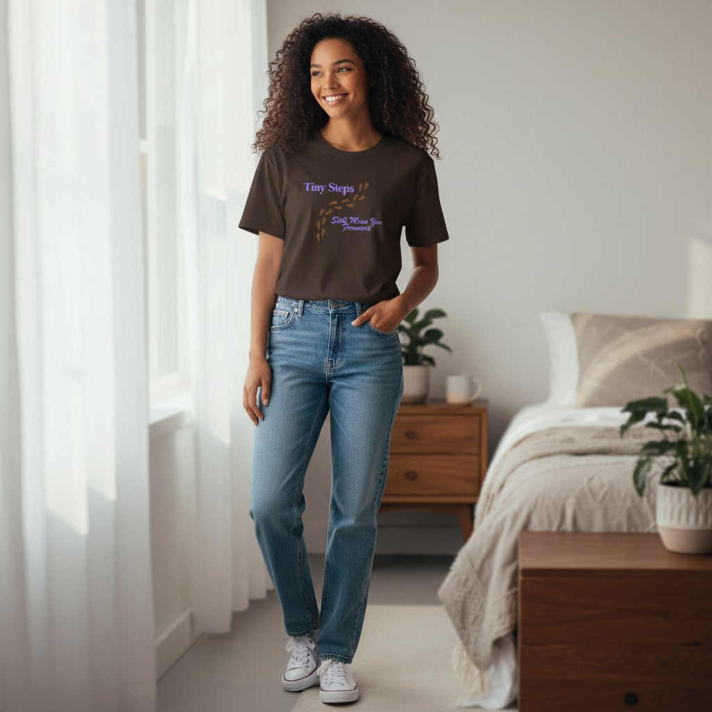 Jena Jewelry brown 100% cotton t-shirt with "Tiny Steps" and footprints graphic, and "Still Move You Forward" text.