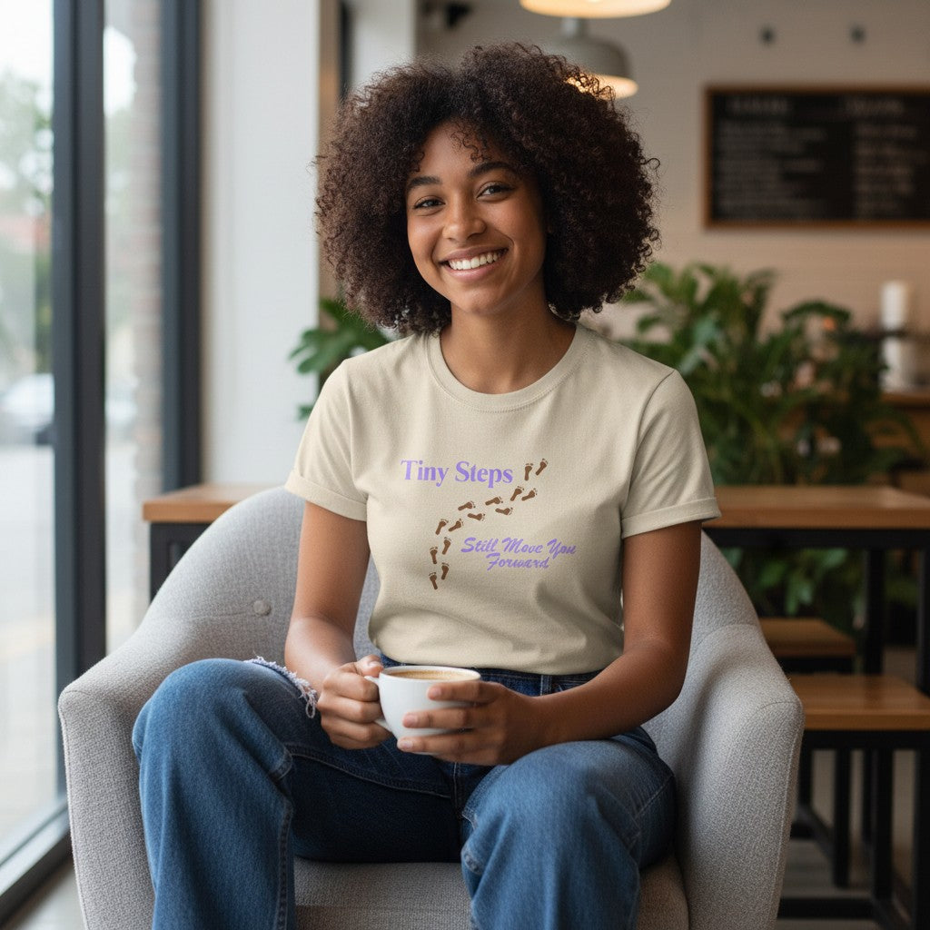 Jena Jewelry beige 100% cotton t-shirt with "Tiny Steps" and footprints graphic. "Still Move You Forward" text below.