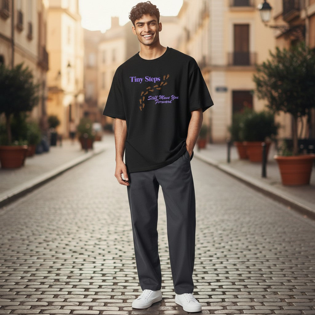 Jena Jewelry black 100% cotton t-shirt with "Tiny Steps" and footprints graphic, and "Still Move You Forward" text.