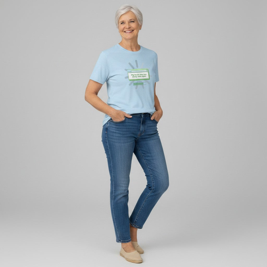 Jena Jewelry light blue 100% cotton t-shirt with "My brain has too many tabs open" retro computer graphic.