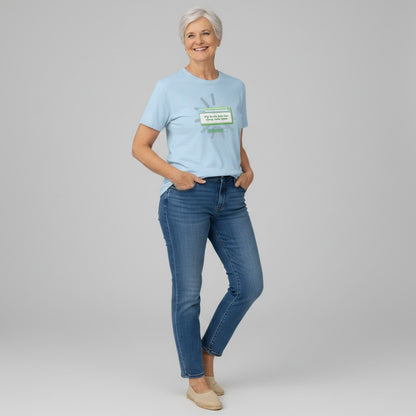Jena Jewelry light blue 100% cotton t-shirt with "My brain has too many tabs open" retro computer graphic.