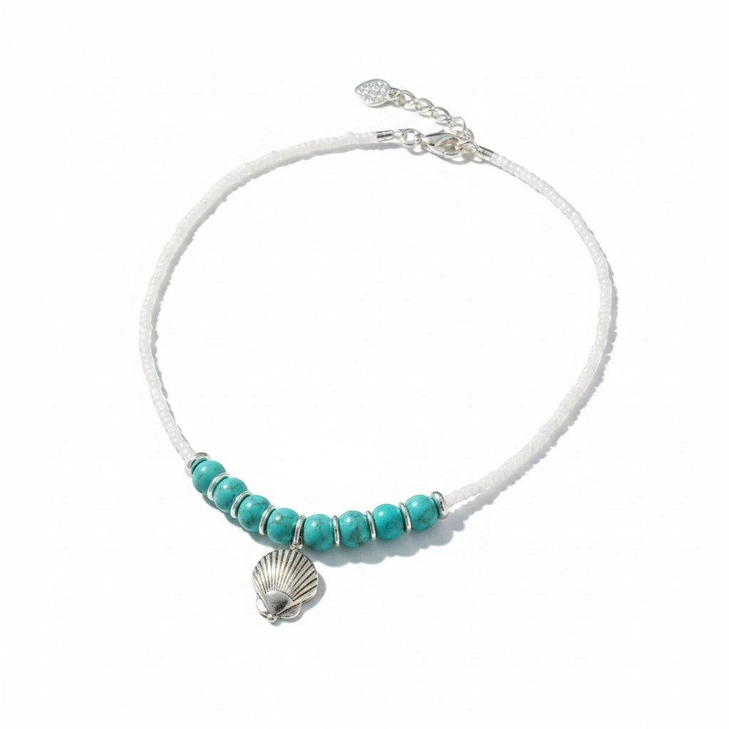 Jena Jewelry turquoise and white seed bead necklace with seashell charm, adjustable silver clasp.