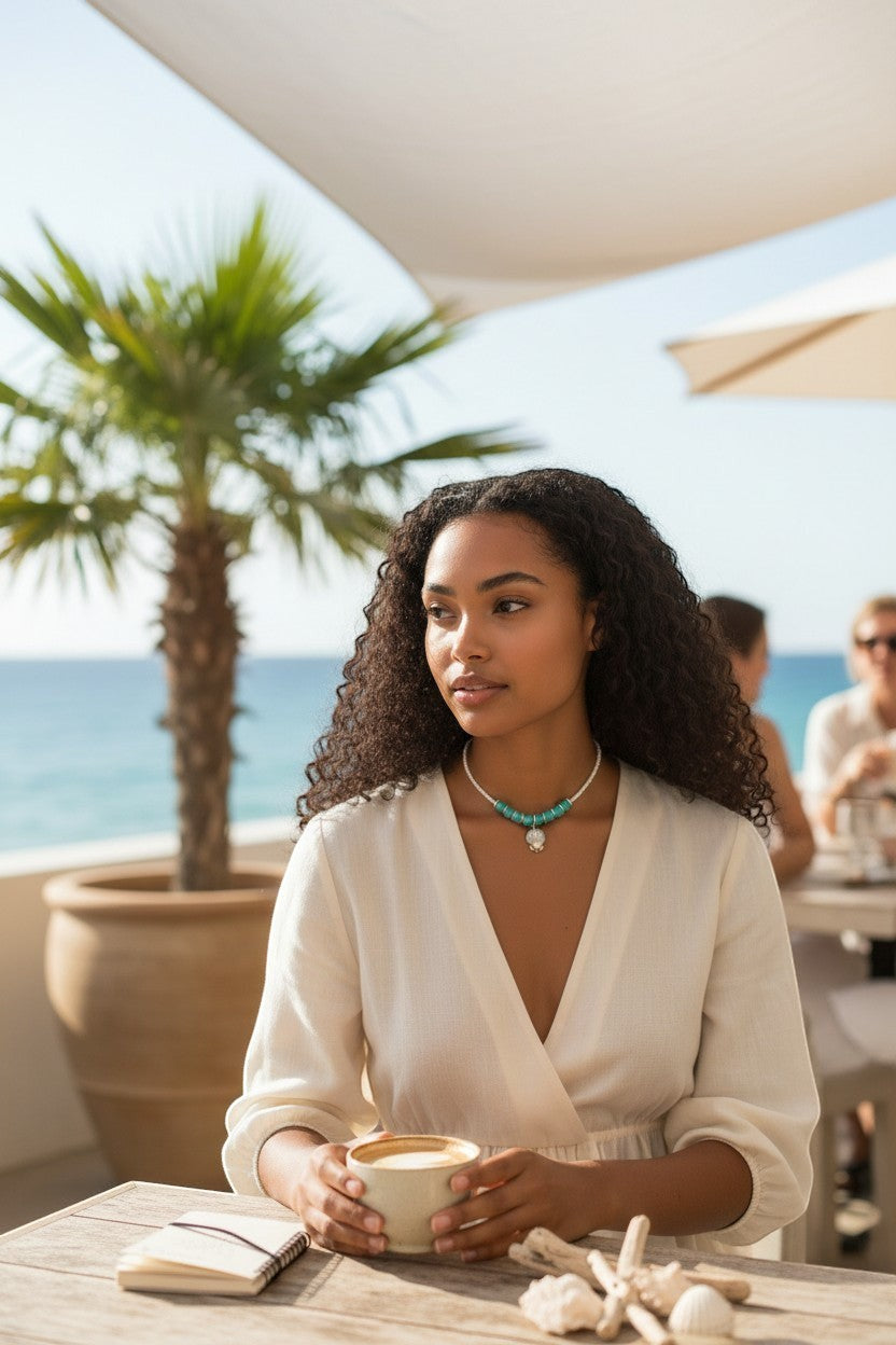 Jena Jewelry turquoise and white seed bead necklace with seashell charm, worn by a woman at a cafe by the sea.
