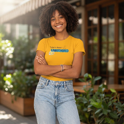 Jena Jewelry yellow cotton t-shirt with "Today's Mood: UNBOTHERED" graphic and smiley face.