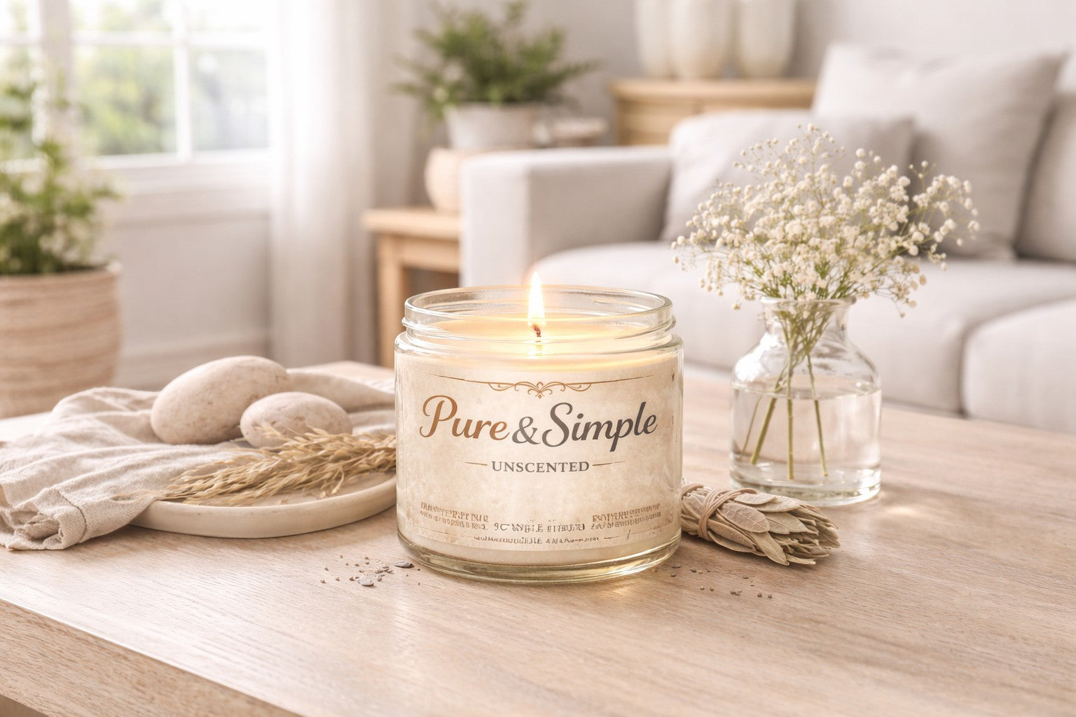 Jena Jewelry unscented soy candle in a glass jar with a lit wick, on a wooden table with minimalist decor.