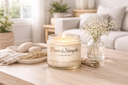 Jena Jewelry unscented soy candle in a glass jar with a lit wick, on a wooden table with minimalist decor.