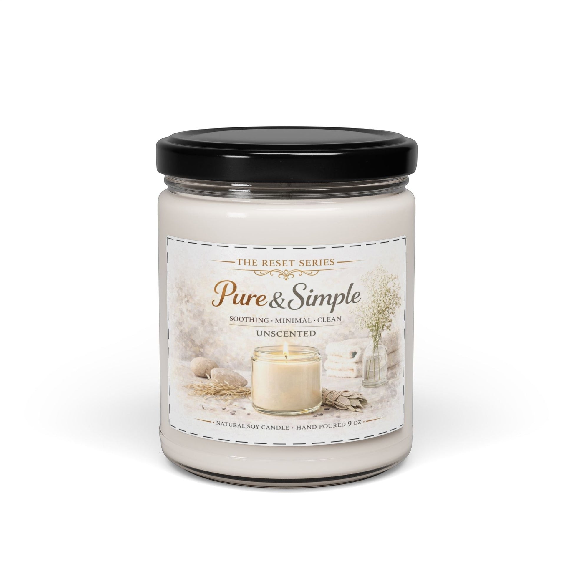 Jena Jewelry unscented soy candle in a clear glass jar with a black lid. Minimalist design with natural elements.