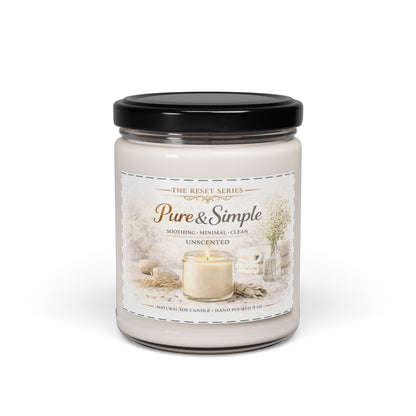 Jena Jewelry unscented soy candle in a clear glass jar with a black lid. Minimalist design with natural elements.
