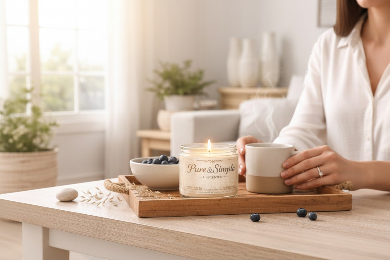 Jena Jewelry unscented soy candle in a glass jar with a lit wick, on a wooden tray with blueberries and a mug.