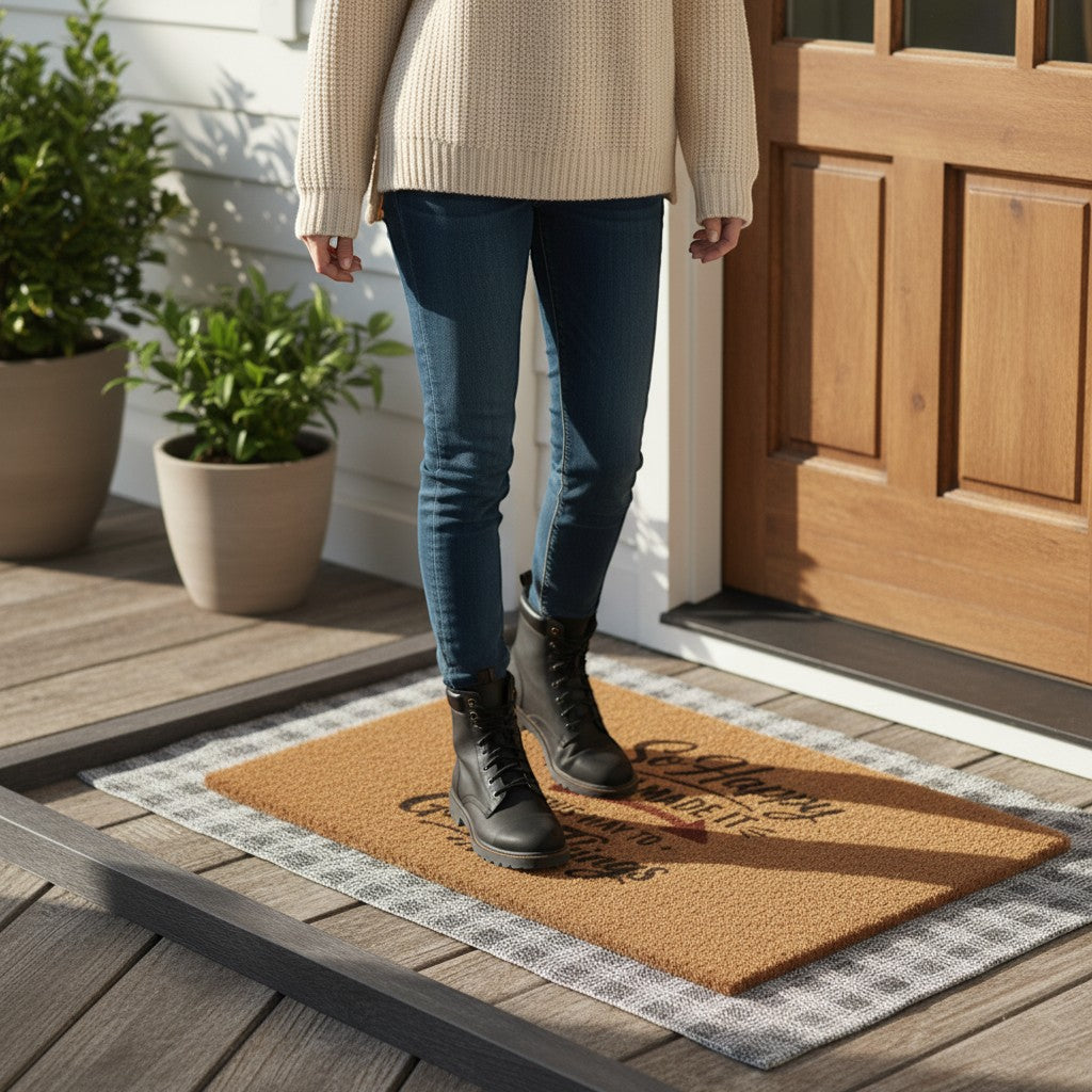 Jena Jewelry minimalist coir doormat with "So Happy You Made It" text in black, placed on a porch.
