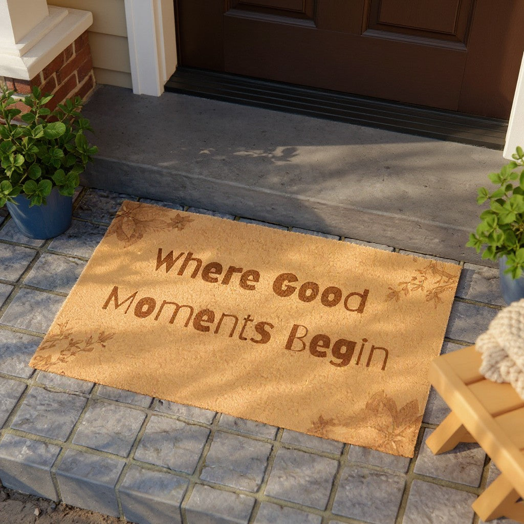 Jena Jewelry natural coir doormat with brown text "Where Good Moments Begin" and floral accents. Outdoor entryway mat.