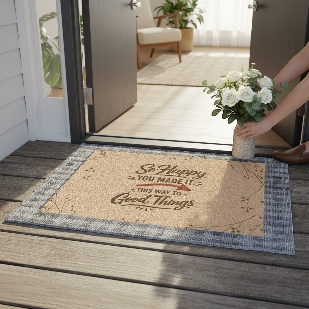 Jena Jewelry "So Happy You Made It" doormat with a plaid border and decorative vine accents. Natural coir fiber.