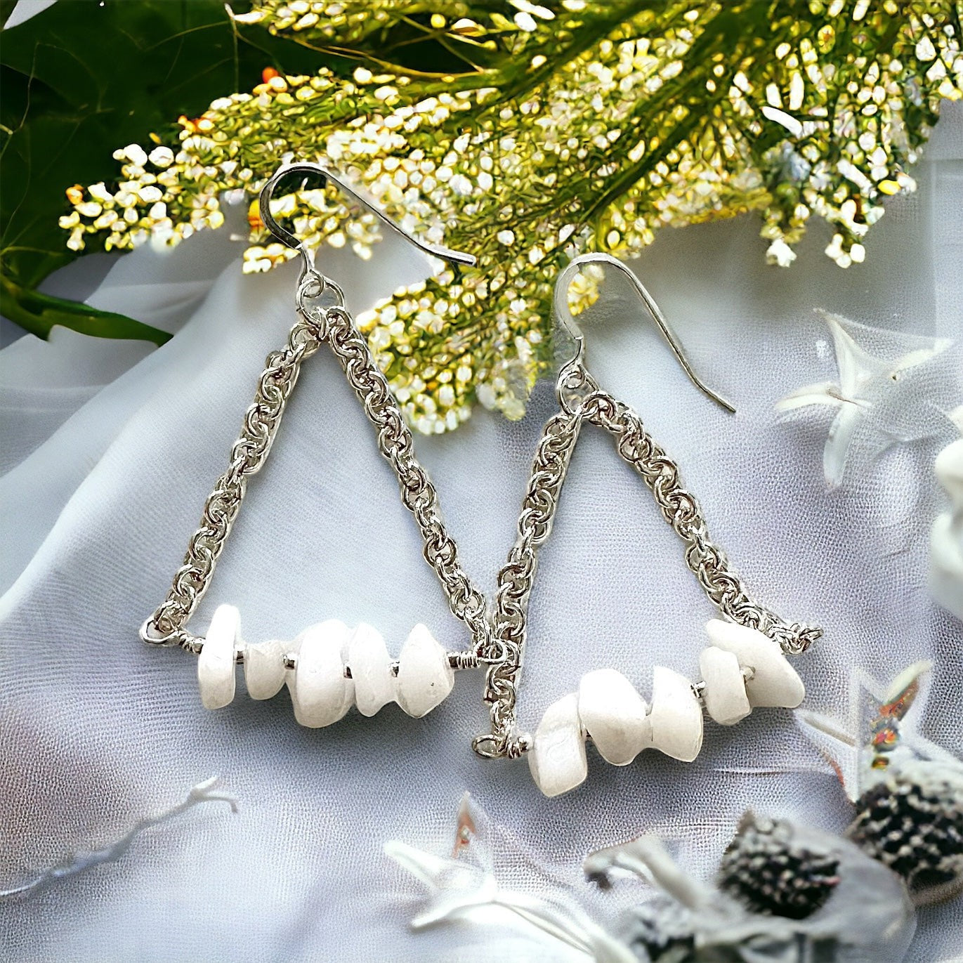 Jena Jewelry silver chainmaille earrings with white crystal quartz chips, elegant for special occasions or everyday wear.