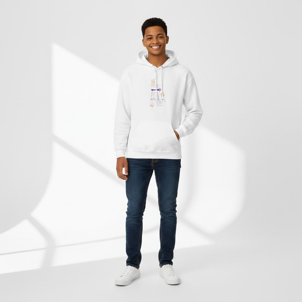 Jena Jewelry white cotton-polyester blend hoodie with "Progress Over Perfection" graphic and kangaroo pocket.