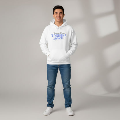 Jena Jewelry white cotton-poly blend hoodie with blue text graphic "I came. I saw. I Needed a Snack."