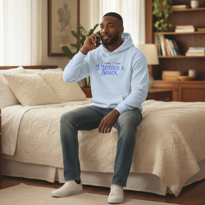 Jena Jewelry white cotton-poly blend hoodie with blue text reading "I came. I Saw. I Needed a Snack."