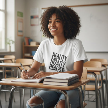 Jena Jewelry white 100% cotton t-shirt with distressed diagonal text graphic reading "REALITY" three times.