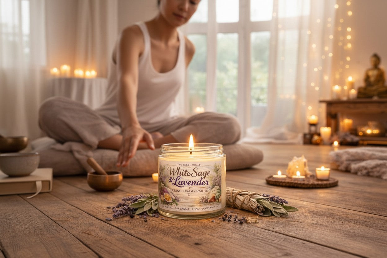 Jena Jewelry White Sage & Lavender soy candle in a glass jar, lit and placed on a wooden floor with dried sage and lavender sprigs.