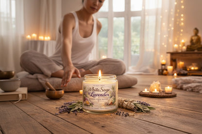 Jena Jewelry White Sage & Lavender soy candle in a glass jar, lit and placed on a wooden floor with dried sage and lavender sprigs.