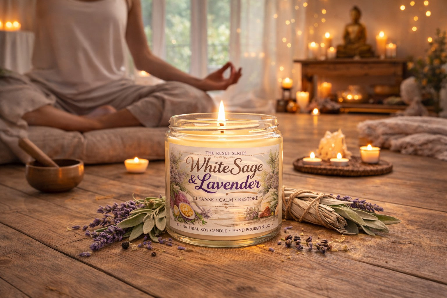 Jena Jewelry White Sage & Lavender natural soy candle in a glass jar, promoting relaxation and meditation.